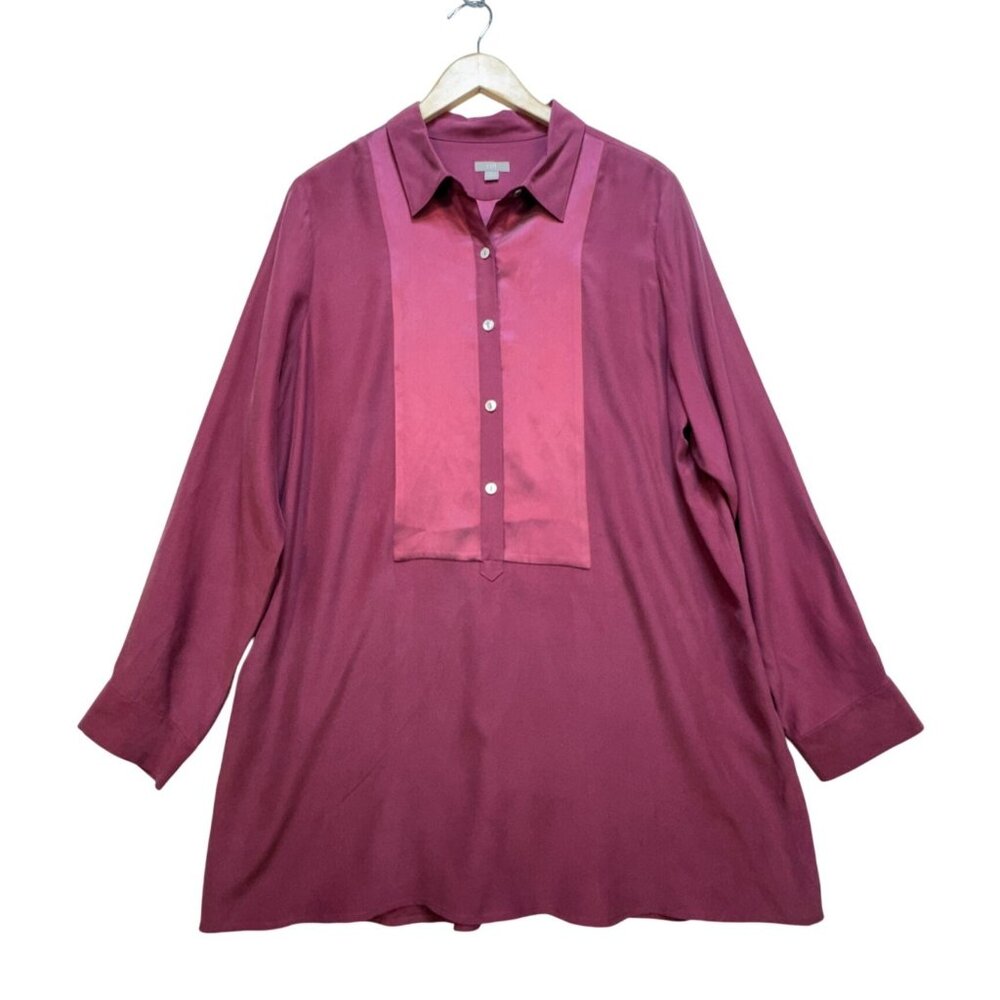 J. Jill Tunic Blouse Womens XL Burgundy Long Sleeve Silk Top Button Front Casual
